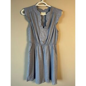 Monteau Los Angeles Scalloped V-Neck Chambray Flutter Sleeve Dress M Pockets